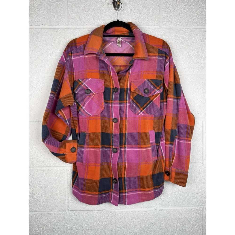 Zenana Women's Small Plaid Fleece Shacket Pink Orange Button Front